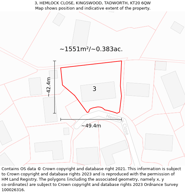 3, HEMLOCK CLOSE, KINGSWOOD, TADWORTH, KT20 6QW: Plot and title map