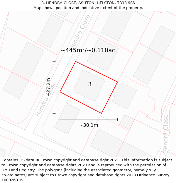 3, HENDRA CLOSE, ASHTON, HELSTON, TR13 9SS: Plot and title map