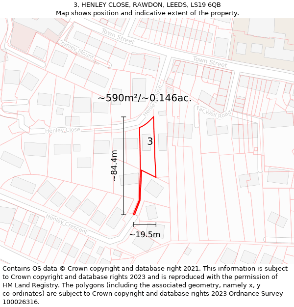 3, HENLEY CLOSE, RAWDON, LEEDS, LS19 6QB: Plot and title map