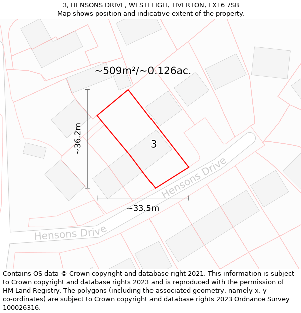 3, HENSONS DRIVE, WESTLEIGH, TIVERTON, EX16 7SB: Plot and title map