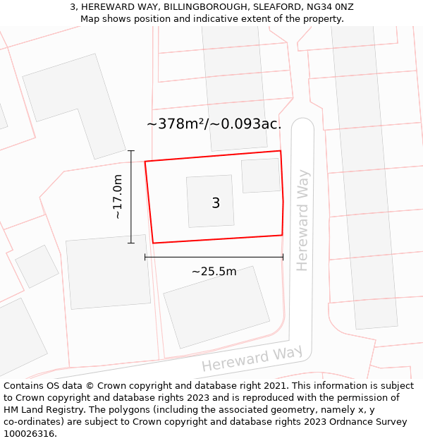 3, HEREWARD WAY, BILLINGBOROUGH, SLEAFORD, NG34 0NZ: Plot and title map