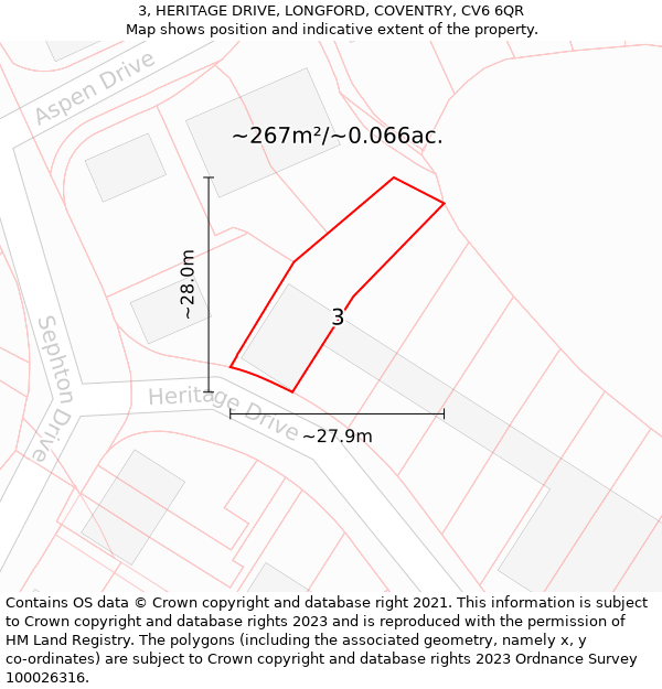 3, HERITAGE DRIVE, LONGFORD, COVENTRY, CV6 6QR: Plot and title map