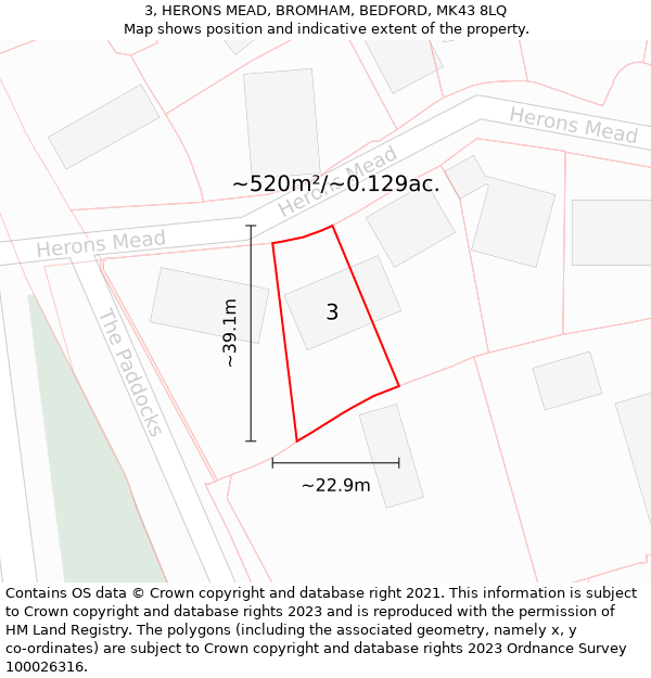 3, HERONS MEAD, BROMHAM, BEDFORD, MK43 8LQ: Plot and title map