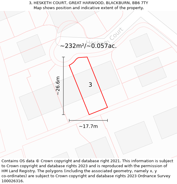 3, HESKETH COURT, GREAT HARWOOD, BLACKBURN, BB6 7TY: Plot and title map
