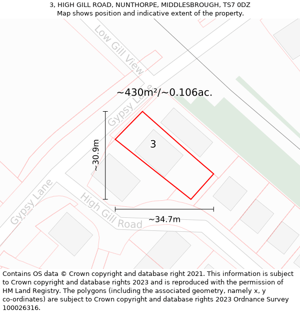 3, HIGH GILL ROAD, NUNTHORPE, MIDDLESBROUGH, TS7 0DZ: Plot and title map