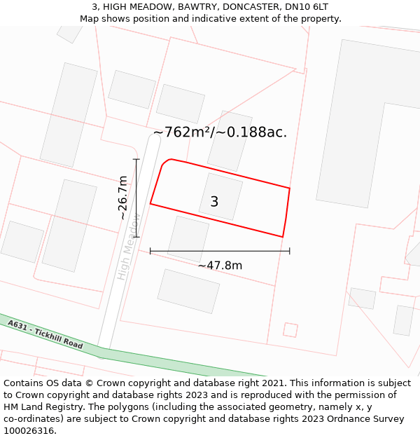 3, HIGH MEADOW, BAWTRY, DONCASTER, DN10 6LT: Plot and title map