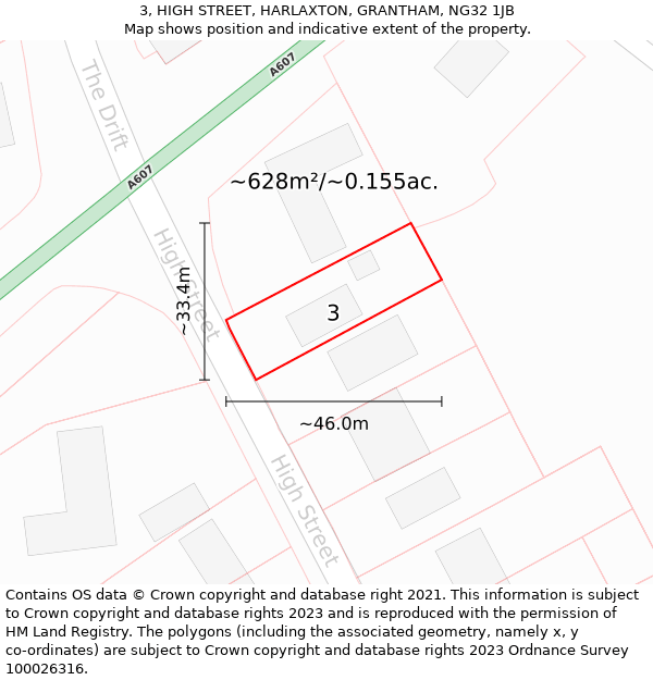 3, HIGH STREET, HARLAXTON, GRANTHAM, NG32 1JB: Plot and title map