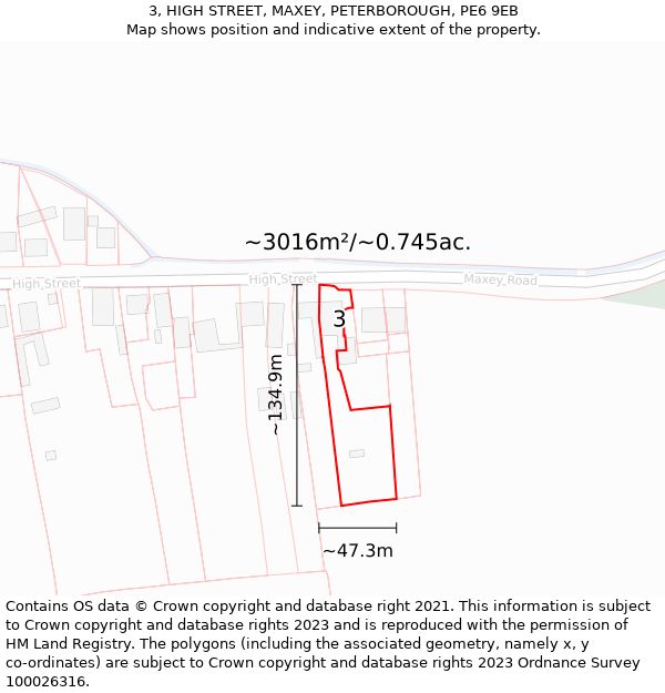 3, HIGH STREET, MAXEY, PETERBOROUGH, PE6 9EB: Plot and title map