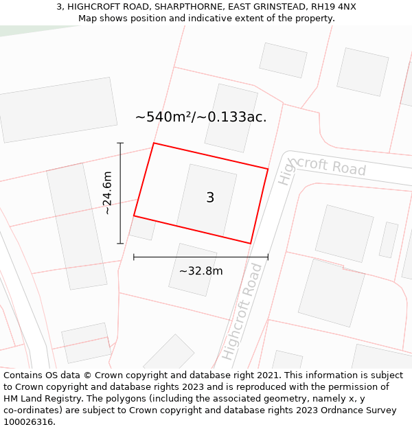 3, HIGHCROFT ROAD, SHARPTHORNE, EAST GRINSTEAD, RH19 4NX: Plot and title map