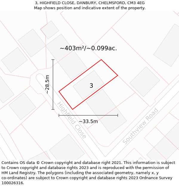 3, HIGHFIELD CLOSE, DANBURY, CHELMSFORD, CM3 4EG: Plot and title map