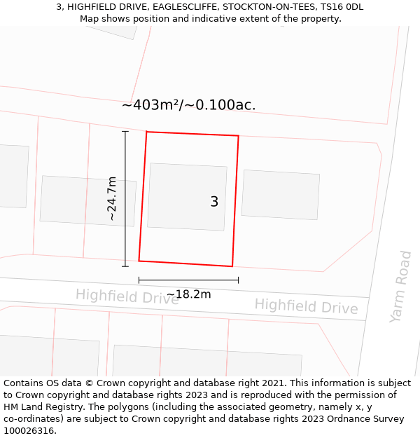 3, HIGHFIELD DRIVE, EAGLESCLIFFE, STOCKTON-ON-TEES, TS16 0DL: Plot and title map