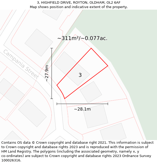 3, HIGHFIELD DRIVE, ROYTON, OLDHAM, OL2 6AF: Plot and title map