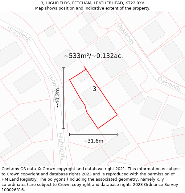 3, HIGHFIELDS, FETCHAM, LEATHERHEAD, KT22 9XA: Plot and title map