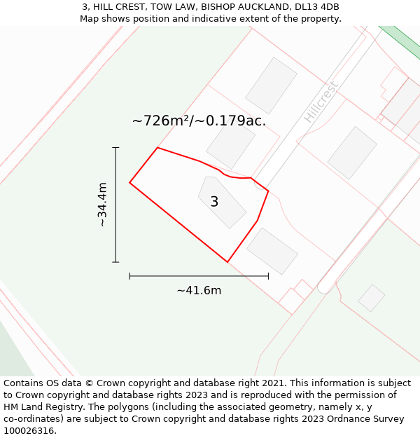 3, HILL CREST, TOW LAW, BISHOP AUCKLAND, DL13 4DB: Plot and title map