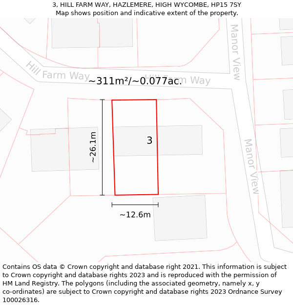 3, HILL FARM WAY, HAZLEMERE, HIGH WYCOMBE, HP15 7SY: Plot and title map