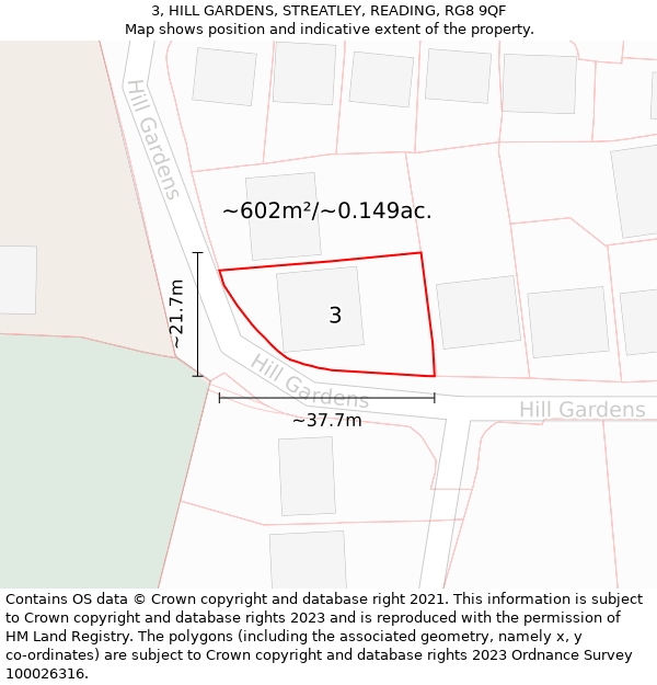 3, HILL GARDENS, STREATLEY, READING, RG8 9QF: Plot and title map