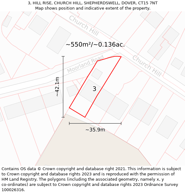 3, HILL RISE, CHURCH HILL, SHEPHERDSWELL, DOVER, CT15 7NT: Plot and title map