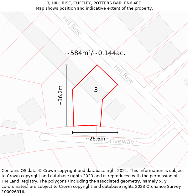 3, HILL RISE, CUFFLEY, POTTERS BAR, EN6 4ED: Plot and title map