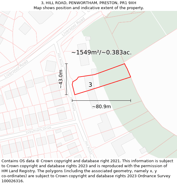 3, HILL ROAD, PENWORTHAM, PRESTON, PR1 9XH: Plot and title map