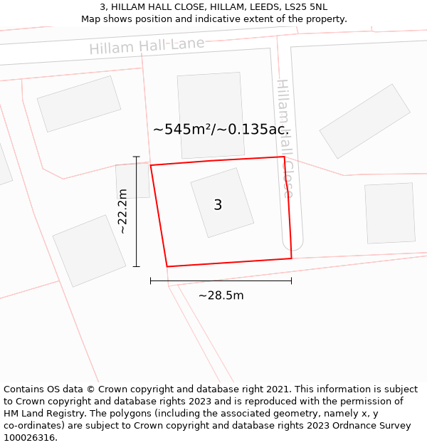 3, HILLAM HALL CLOSE, HILLAM, LEEDS, LS25 5NL: Plot and title map