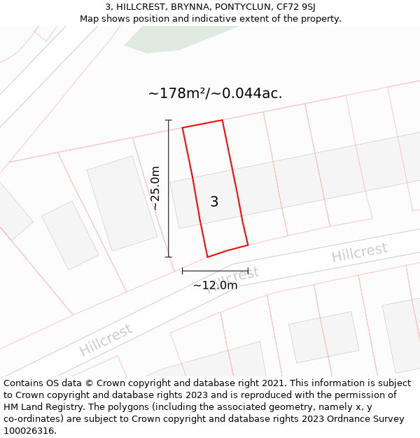 3, HILLCREST, BRYNNA, PONTYCLUN, CF72 9SJ: Plot and title map