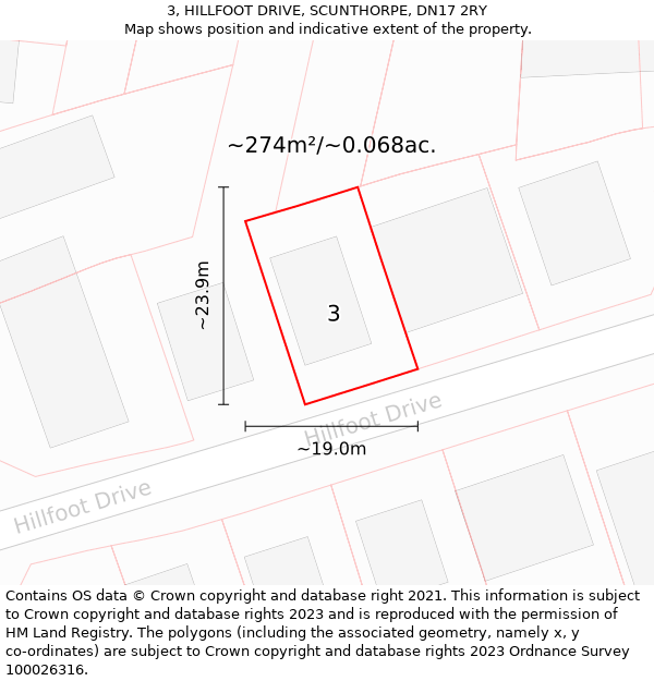 3, HILLFOOT DRIVE, SCUNTHORPE, DN17 2RY: Plot and title map