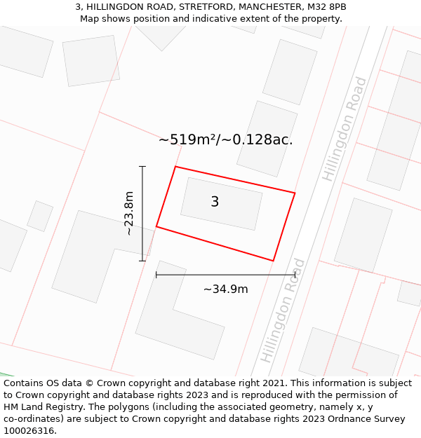 3, HILLINGDON ROAD, STRETFORD, MANCHESTER, M32 8PB: Plot and title map