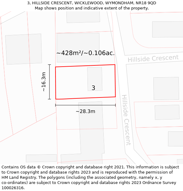 3, HILLSIDE CRESCENT, WICKLEWOOD, WYMONDHAM, NR18 9QD: Plot and title map