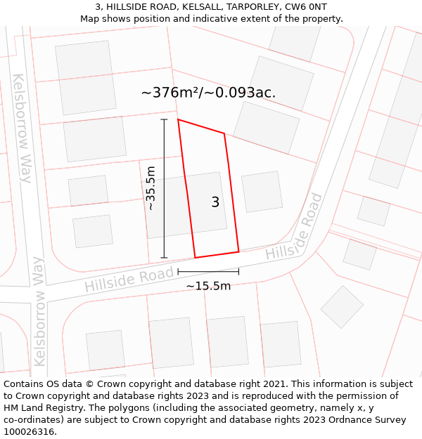 3, HILLSIDE ROAD, KELSALL, TARPORLEY, CW6 0NT: Plot and title map