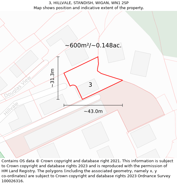 3, HILLVALE, STANDISH, WIGAN, WN1 2SP: Plot and title map