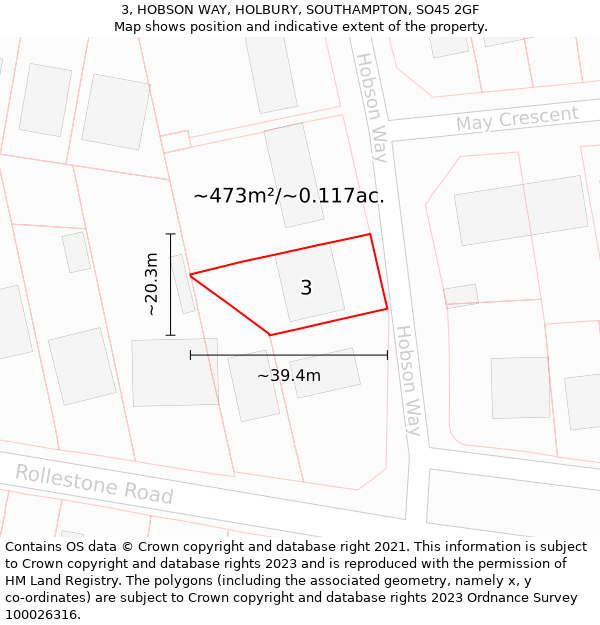 3, HOBSON WAY, HOLBURY, SOUTHAMPTON, SO45 2GF: Plot and title map