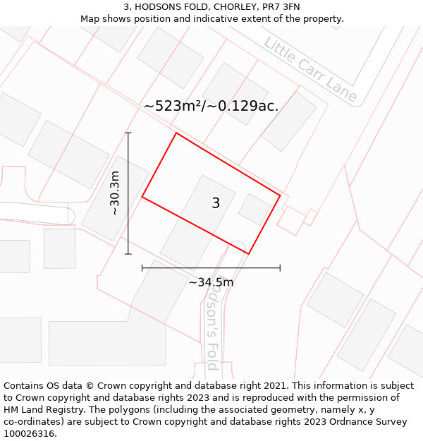 3, HODSONS FOLD, CHORLEY, PR7 3FN: Plot and title map