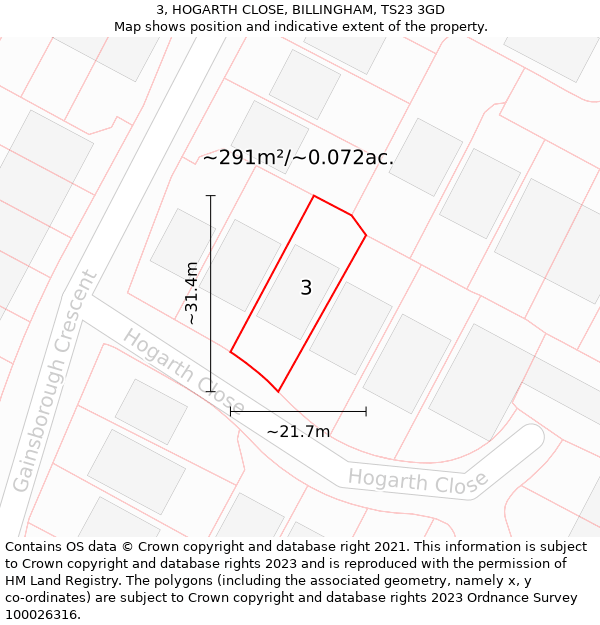 3, HOGARTH CLOSE, BILLINGHAM, TS23 3GD: Plot and title map