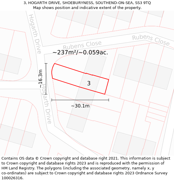 3, HOGARTH DRIVE, SHOEBURYNESS, SOUTHEND-ON-SEA, SS3 9TQ: Plot and title map