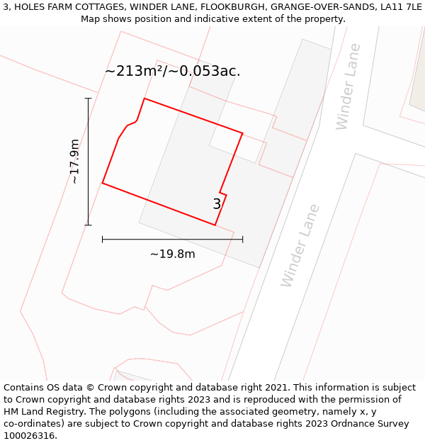 3, HOLES FARM COTTAGES, WINDER LANE, FLOOKBURGH, GRANGE-OVER-SANDS, LA11 7LE: Plot and title map