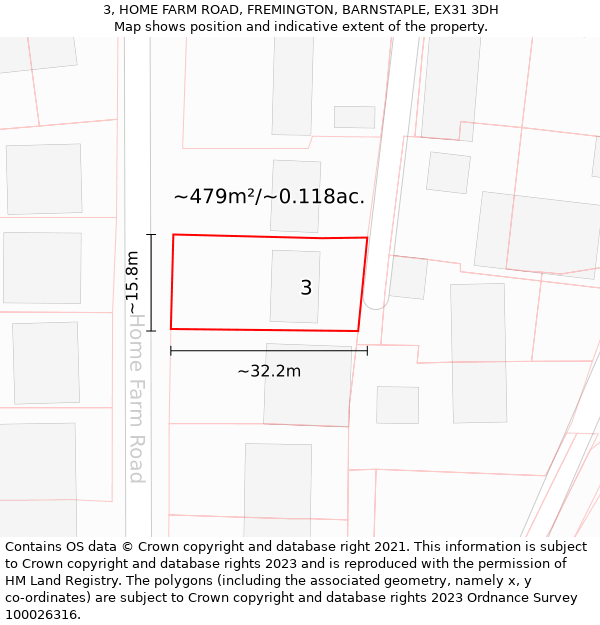 3, HOME FARM ROAD, FREMINGTON, BARNSTAPLE, EX31 3DH: Plot and title map
