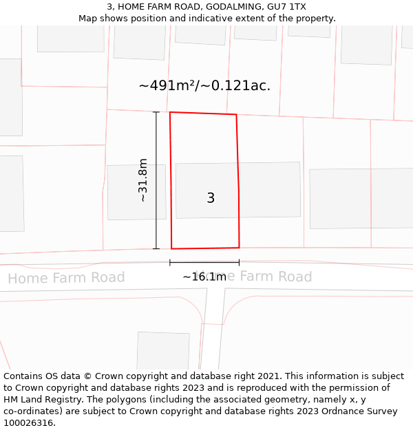 3, HOME FARM ROAD, GODALMING, GU7 1TX: Plot and title map