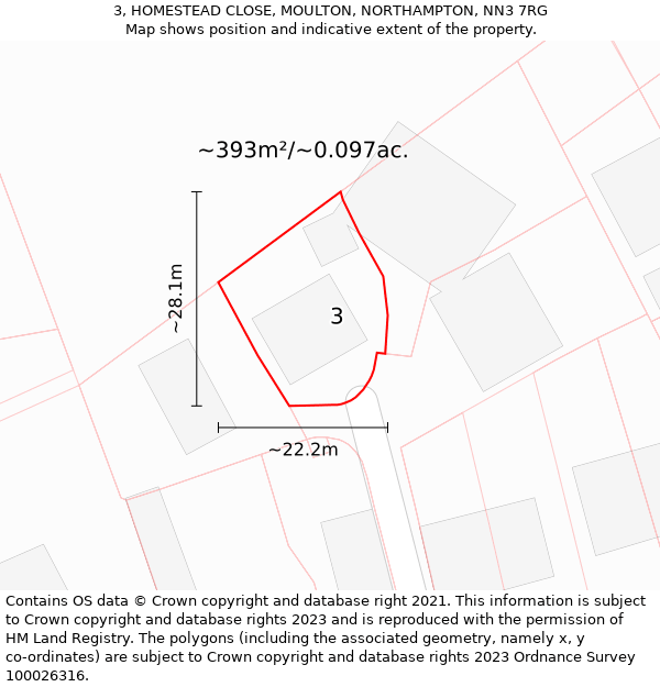 3, HOMESTEAD CLOSE, MOULTON, NORTHAMPTON, NN3 7RG: Plot and title map