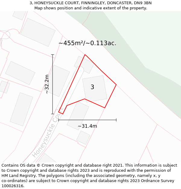 3, HONEYSUCKLE COURT, FINNINGLEY, DONCASTER, DN9 3BN: Plot and title map