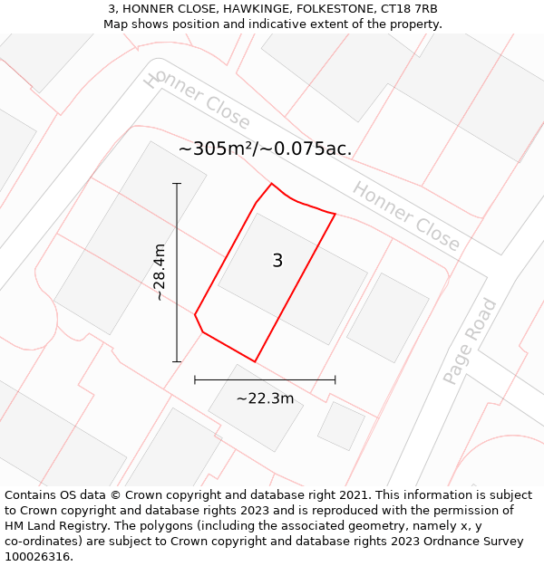 3, HONNER CLOSE, HAWKINGE, FOLKESTONE, CT18 7RB: Plot and title map