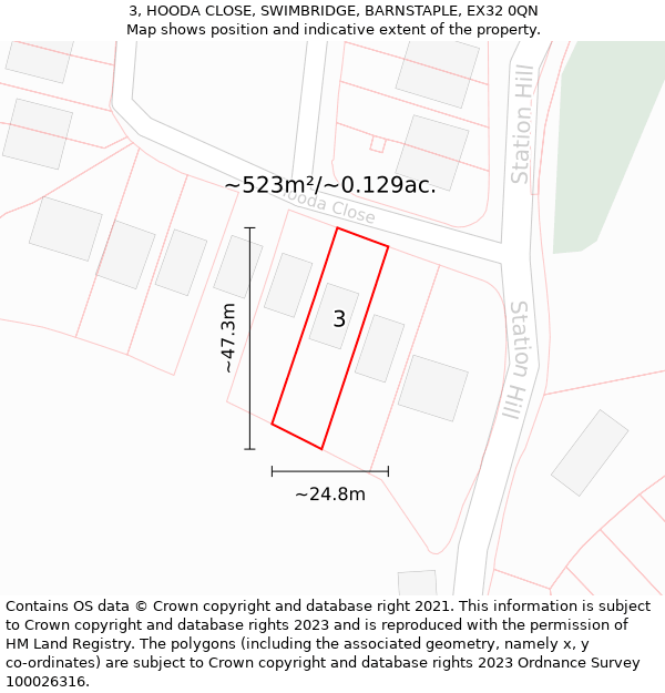 3, HOODA CLOSE, SWIMBRIDGE, BARNSTAPLE, EX32 0QN: Plot and title map