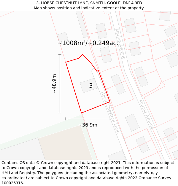 3, HORSE CHESTNUT LANE, SNAITH, GOOLE, DN14 9FD: Plot and title map