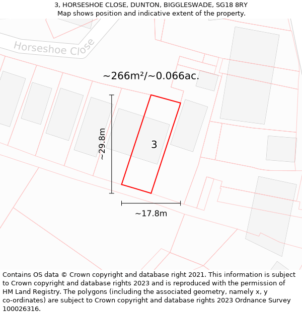 3, HORSESHOE CLOSE, DUNTON, BIGGLESWADE, SG18 8RY: Plot and title map