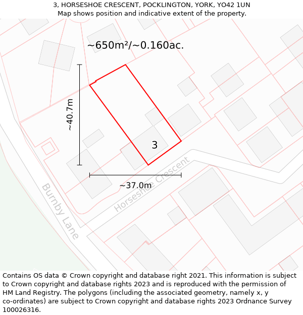 3, HORSESHOE CRESCENT, POCKLINGTON, YORK, YO42 1UN: Plot and title map