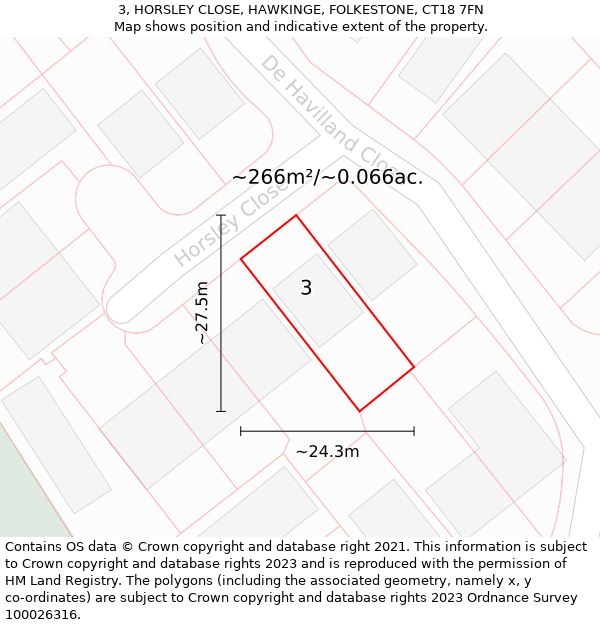 3, HORSLEY CLOSE, HAWKINGE, FOLKESTONE, CT18 7FN: Plot and title map