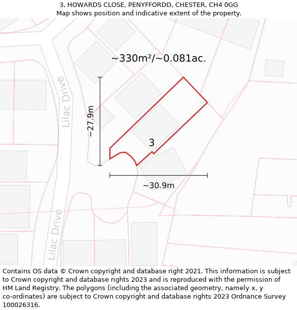 3, HOWARDS CLOSE, PENYFFORDD, CHESTER, CH4 0GG: Plot and title map