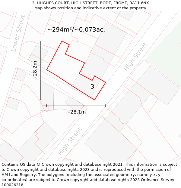 3, HUGHES COURT, HIGH STREET, RODE, FROME, BA11 6NX: Plot and title map