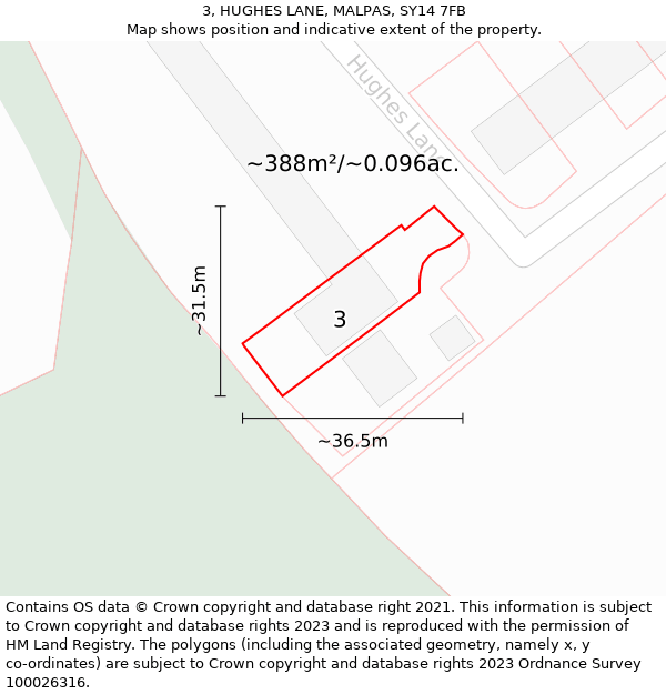 3, HUGHES LANE, MALPAS, SY14 7FB: Plot and title map