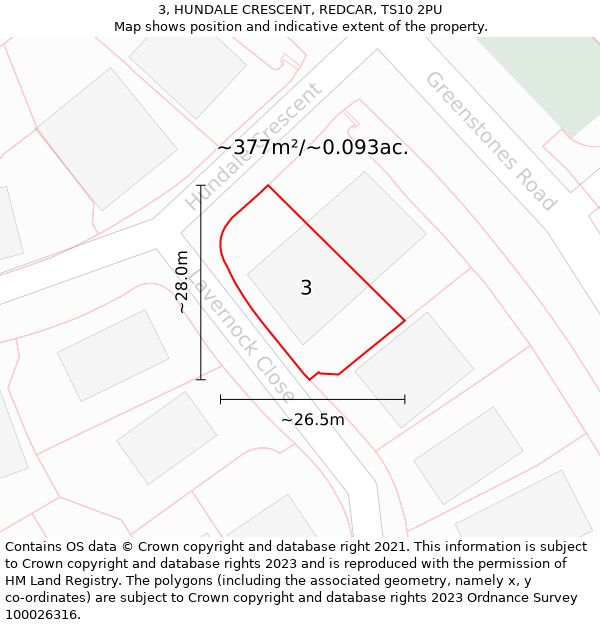 3, HUNDALE CRESCENT, REDCAR, TS10 2PU: Plot and title map