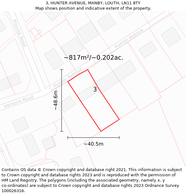 3, HUNTER AVENUE, MANBY, LOUTH, LN11 8TY: Plot and title map